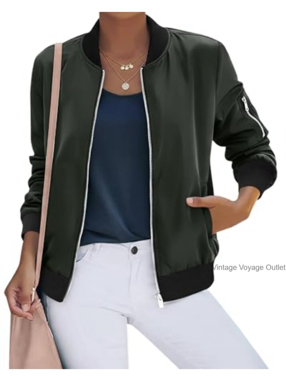 Women's Zip Up Bomber Jacket Lightweight Polyester Windbreaker